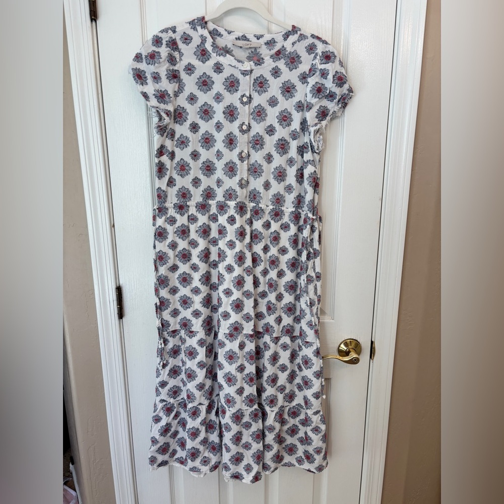 LOFT Floral White and Blue Daisy Maxi Dress Women’s Size 6 Cottagecore